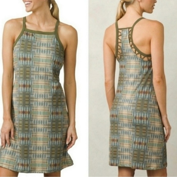NWT prAna Ardor Tank Dress Women’s Medium Olive Green Aztec Shelf Bra Racerback - Picture 1 of 10